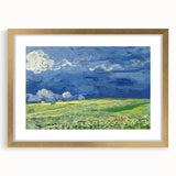 Abstract art print featuring swirling blue and yellow patterns on canvas, framed in gold.