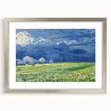 Extra large abstract art print on canvas, featuring a textured mix of blues and greens, in a silver frame.