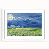 Textured abstract art print of swirling blues and yellows on a white framed canvas, suitable for bedroom decor.