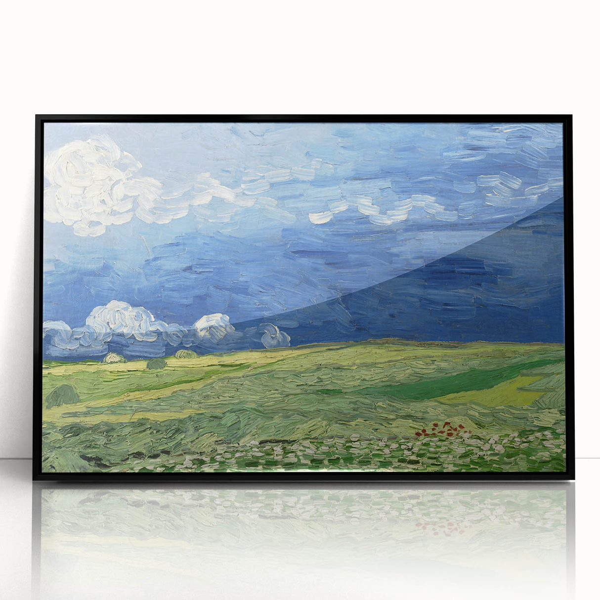 Large abstract wall art depicting a swirling pattern in vibrant blues and yellows on a framed acrylic print.