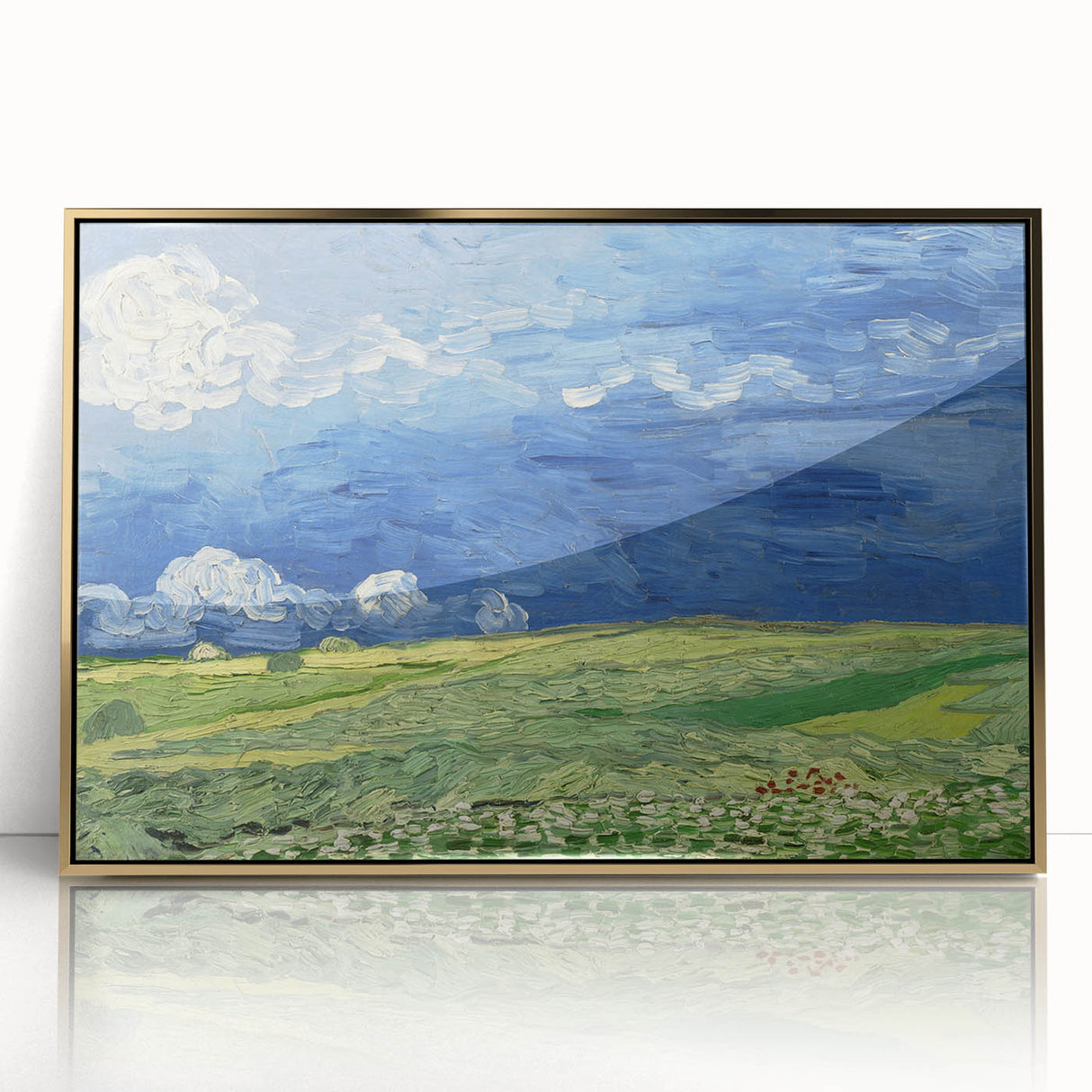 Art deco style poster of a Van Gogh painting in gold frame, with muted colors, ideal for modern art wall decor.