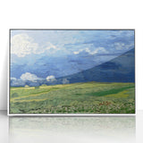 Mid-century modernist art depicting a Van Gogh-inspired scene in vibrant colors on a white acrylic framed poster.