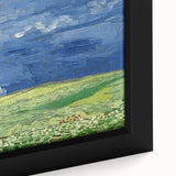 Close-up of a textured, extra-large framed canvas featuring a colorful, abstract design inspired by Van Gogh.