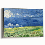 Framed canvas depicting a colorful Van Gogh landscape painting, ideal for adding a vintage touch to a black-themed room.