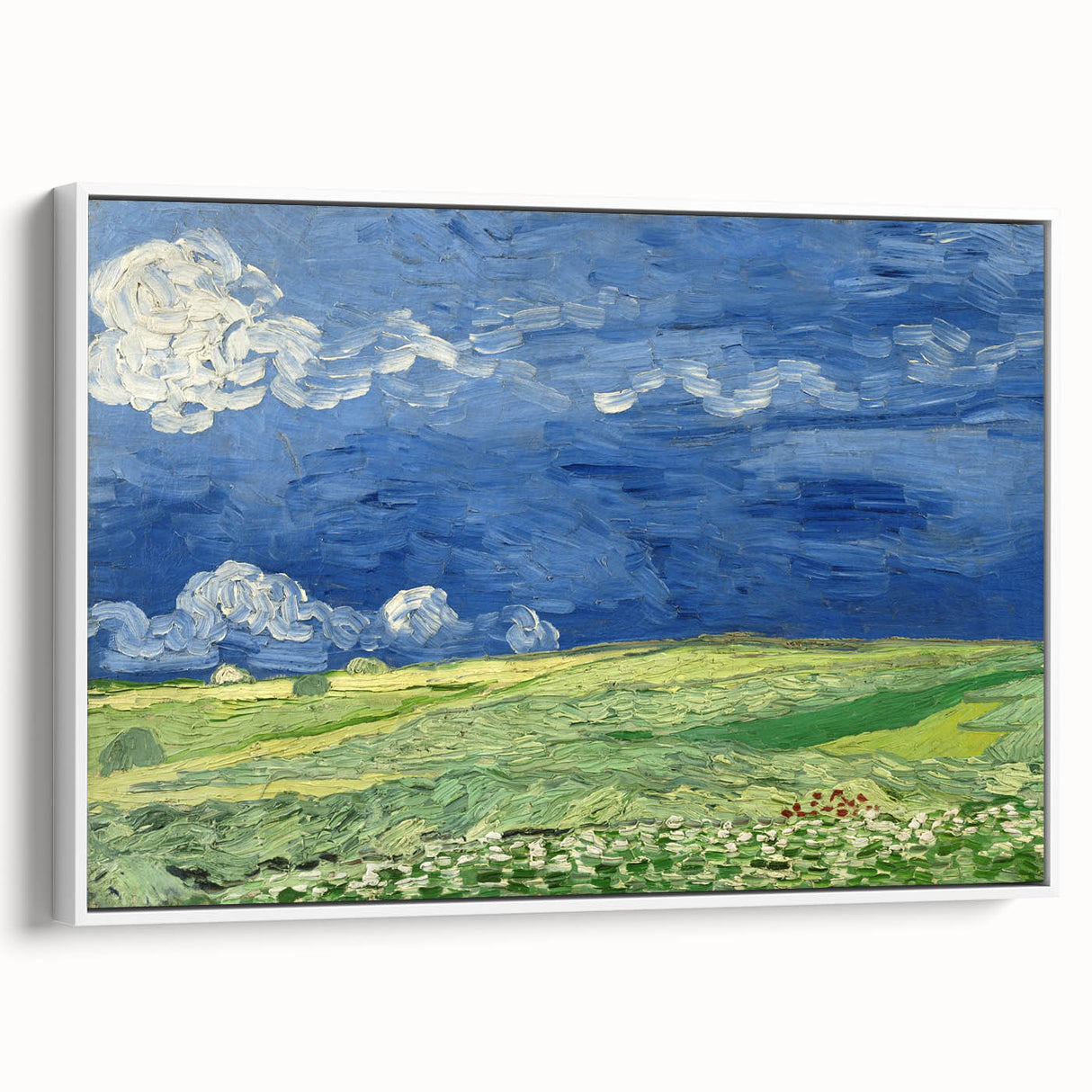 Vintage poster art of Van Gogh's painting on extra large framed canvas featuring colorful art on a black background.