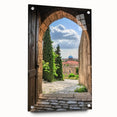 Acrylic glass artwork of a scenic landscape featuring a majestic castle, showcased in a side view with decorative pins, ideal for home decor enthusiasts.