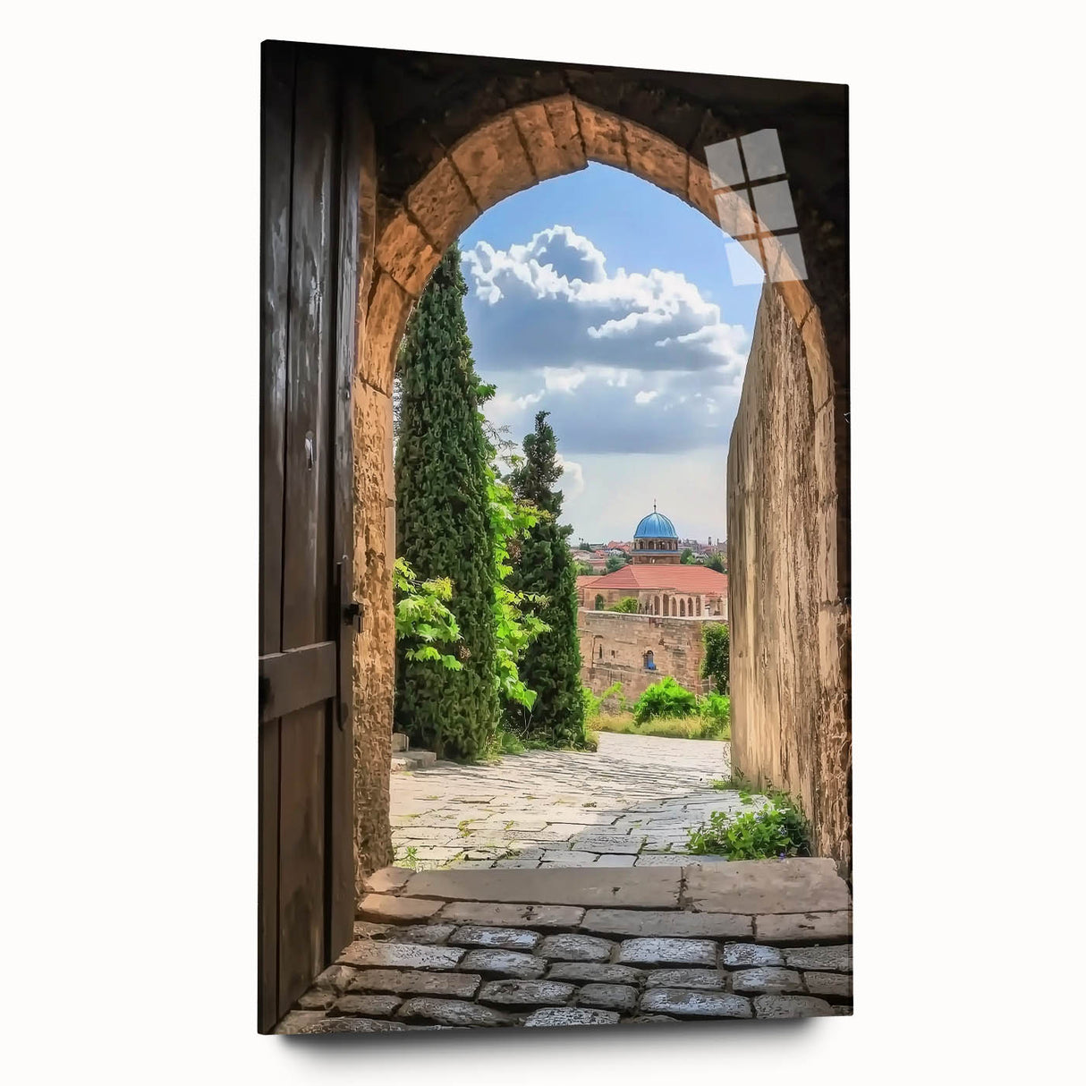 Acrylic glass artwork showcasing a stunning side view of a medieval castle surrounded by lush landscapes, perfect for home décor or art collection.
