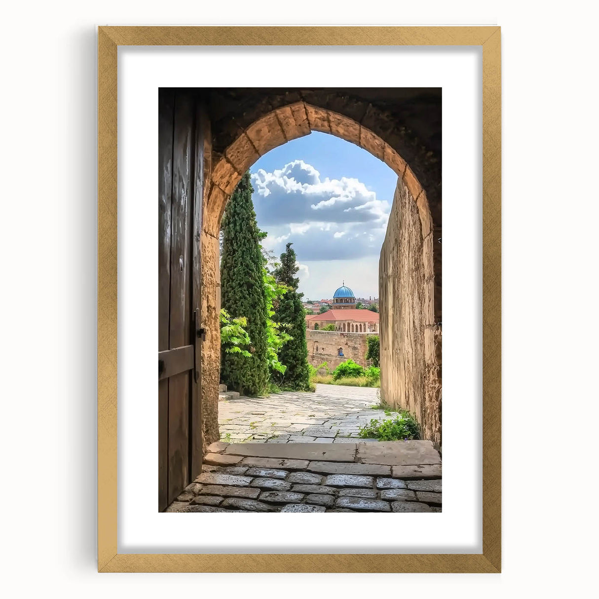 Elegant gold-framed landscape artwork depicting a majestic castle set against a serene natural backdrop, perfect for home decor or office ambiance.