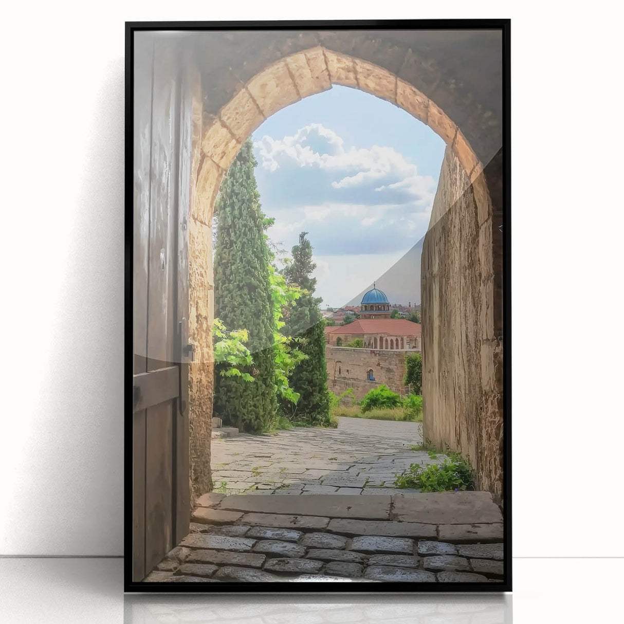 Framed acrylic artwork depicting a majestic landscape with a castle, showcasing vibrant colors and intricate details, perfect for home decor.