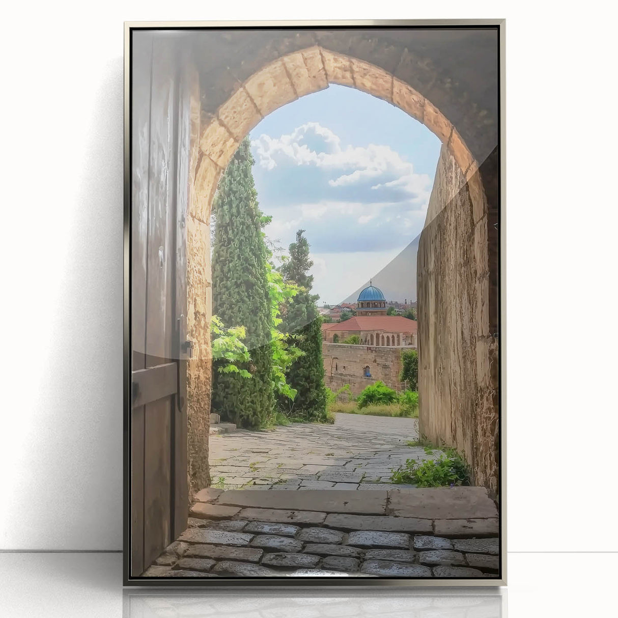 Framed acrylic artwork showcasing a stunning landscape with a castle, highlighted by a sleek silver frame, ideal for home decor and art enthusiasts.