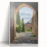Framed acrylic artwork showcasing a picturesque landscape with a majestic castle, presented in a sleek white frame, ideal for enhancing home decor.