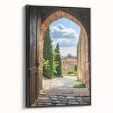 Framed canvas artwork depicting a serene landscape with a majestic castle, featuring a black frame and side view, ideal for enhancing home decor.