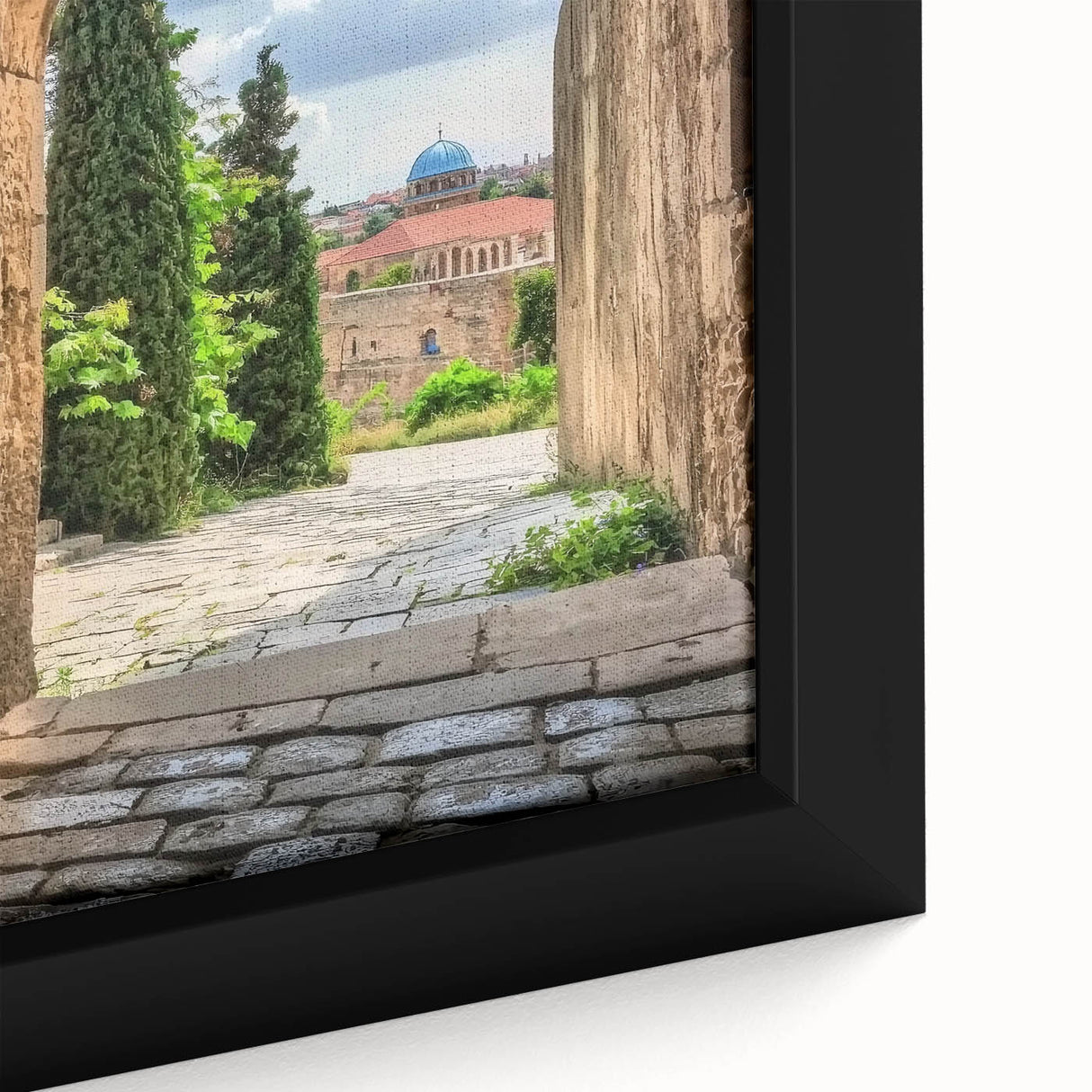 Close-up of a beautifully framed canvas artwork depicting a majestic castle landscape, showcasing vibrant colors and intricate details, perfect for home decor.