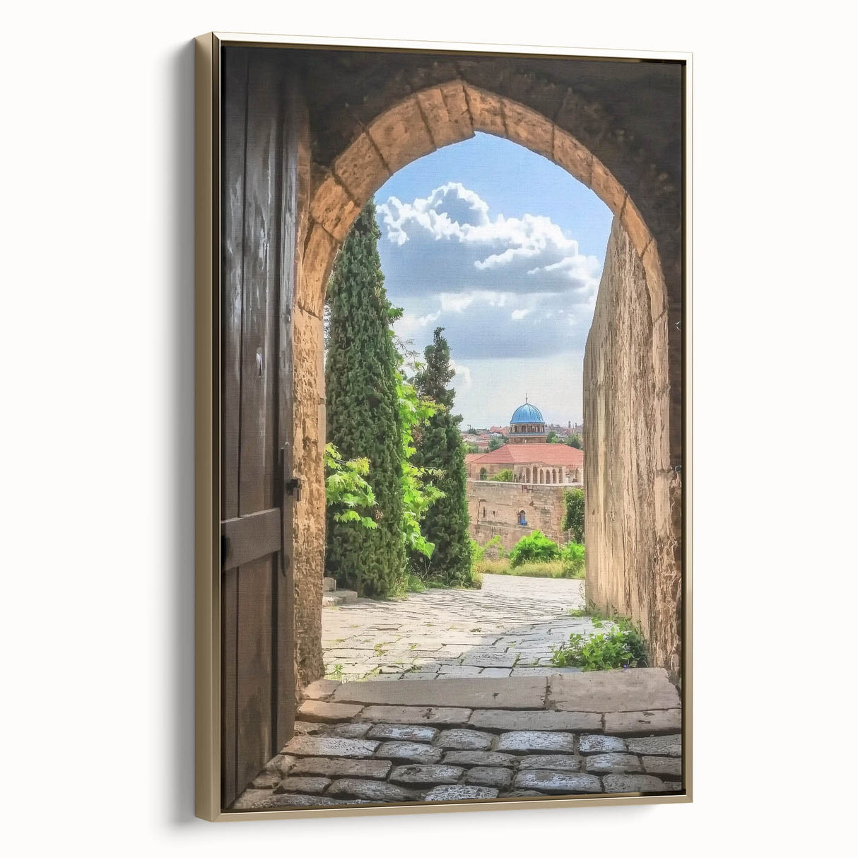 Framed canvas artwork featuring a picturesque landscape with a majestic castle, highlighted by a luxurious gold frame, ideal for home decor and interior design.
