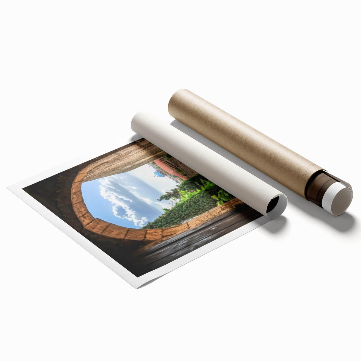 Rolled print showcasing a vibrant landscape featuring a majestic castle surrounded by lush greenery, designed for home decor enthusiasts. Perfect for adding a touch of elegance to any space.