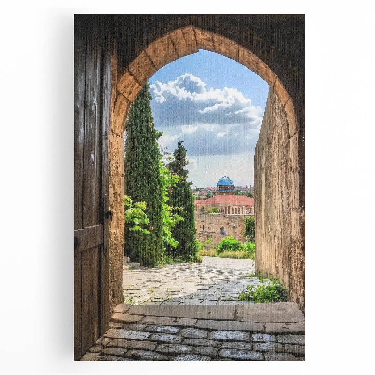 Stretched canvas artwork depicting a picturesque landscape with a medieval castle, vibrant colors, and lush greenery, perfect for home decor.