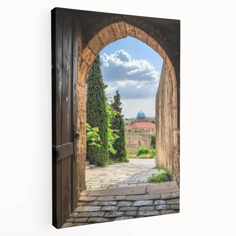 Stretched canvas artwork depicting a serene landscape with a majestic castle, vibrant colors, and intricate details, perfect for enhancing home decor.