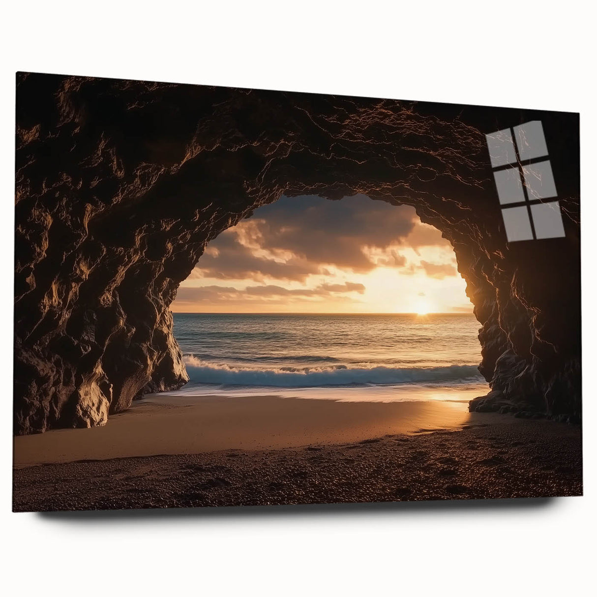 Acrylic glass artwork depicting a scenic landscape of caves, presented in a side view without pins, showcasing vibrant colors and intricate details ideal for home decor.