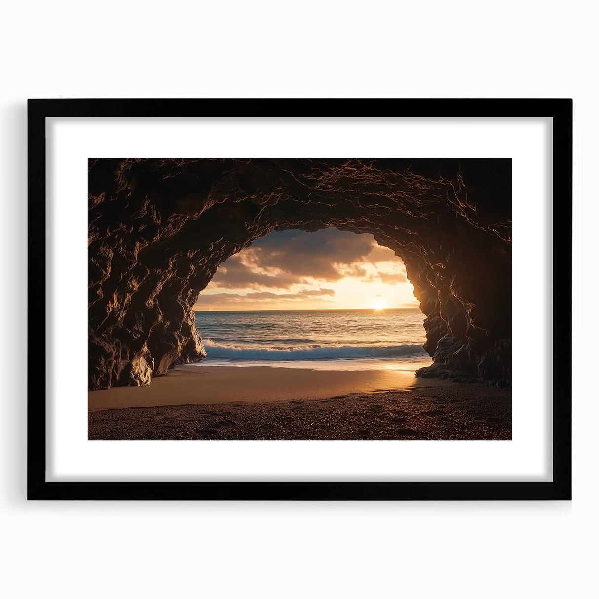 Framed landscape artwork showcasing a serene cave scene with intricate details, set in a sleek black frame and mat, perfect for modern home decor.
