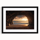 Framed landscape artwork showcasing a serene cave scene with intricate details, set in a sleek black frame and mat, perfect for modern home decor.