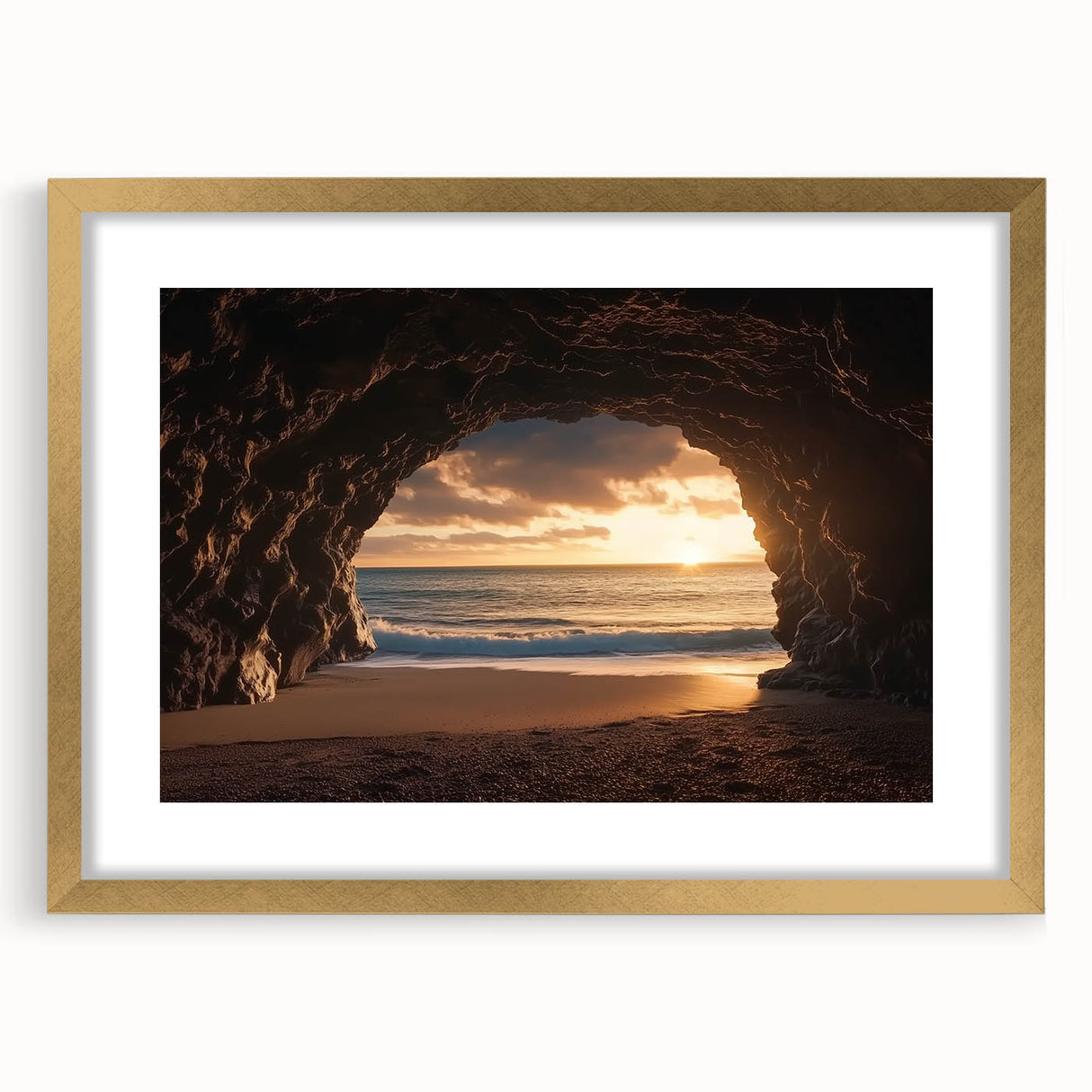 Framed landscape artwork showcasing a serene cave scene with rich gold accents, designed to enhance home decor. Ideal for nature lovers and art enthusiasts.