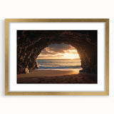 Framed landscape artwork showcasing a serene cave scene with rich gold accents, designed to enhance home decor. Ideal for nature lovers and art enthusiasts.