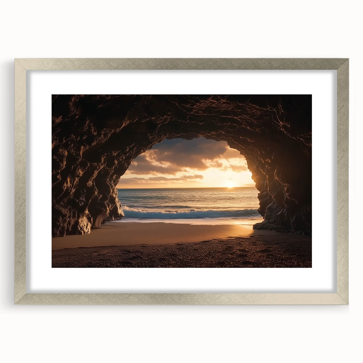 Framed landscape artwork showcasing intricate cave designs, elegantly presented with a silver mat, perfect for adding a touch of sophistication to any decor.