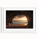 Framed landscape print showcasing intricate cave formations, set in a white mat for a modern aesthetic, perfect for enhancing home decor.