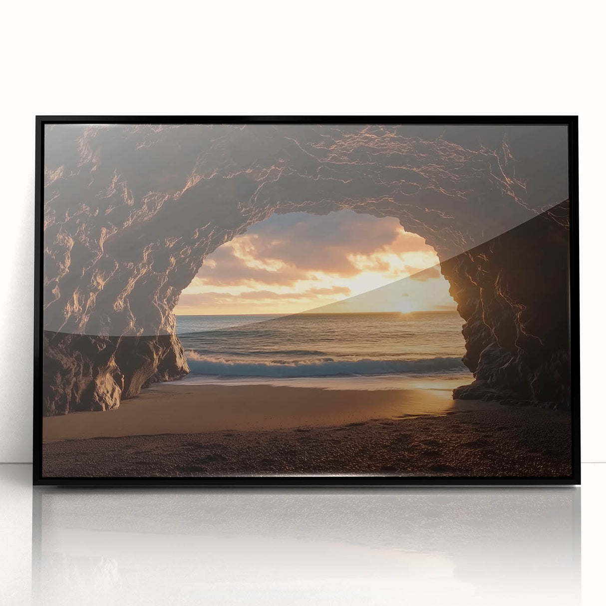 Framed acrylic artwork depicting a stunning cave landscape in black, showcasing intricate textures and vibrant colors, ideal for modern home decor and art enthusiasts.