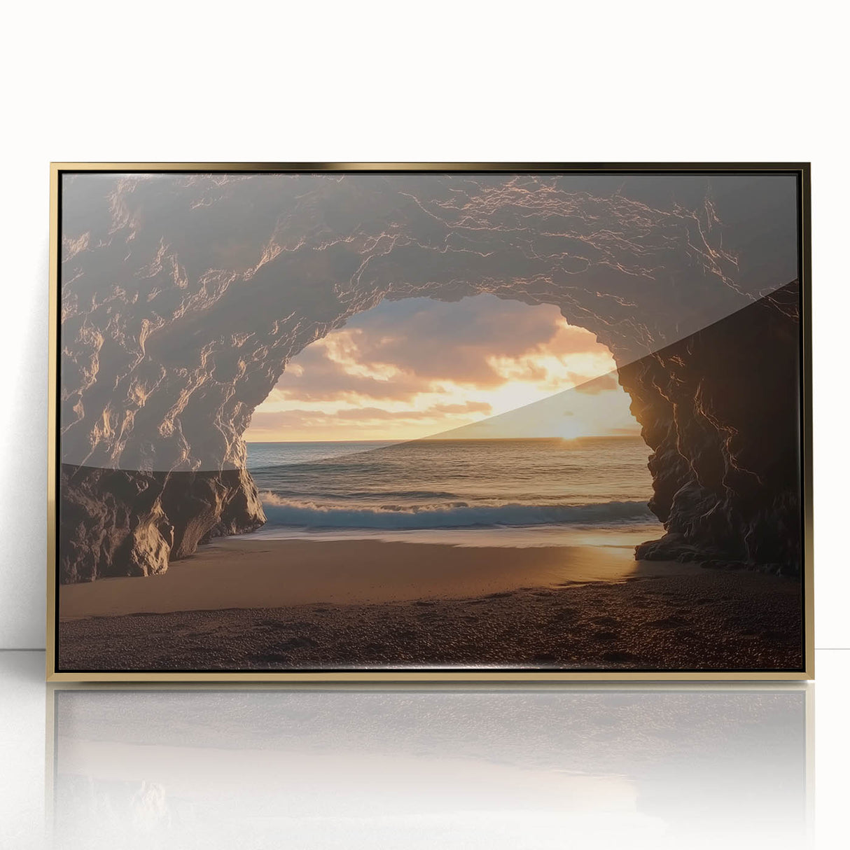 Framed acrylic artwork depicting a stunning cave landscape, featuring rich gold accents and intricate details, perfect for enhancing modern home decor.