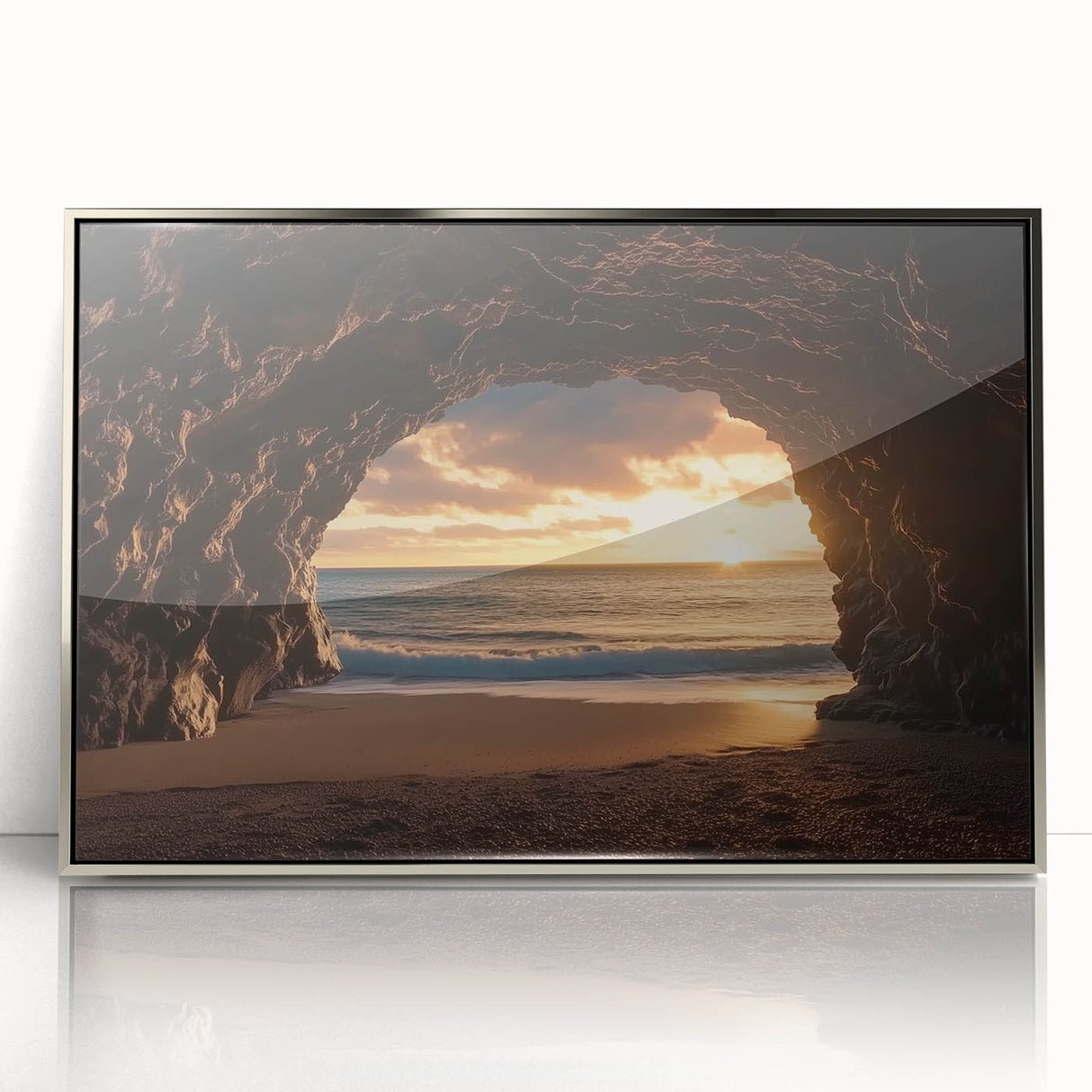 Framed acrylic artwork showcasing a stunning landscape scene with caves, featuring silver accents and a modern design, perfect for enhancing contemporary home decor.