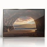 Framed acrylic artwork showcasing a stunning landscape scene with caves, featuring silver accents and a modern design, perfect for enhancing contemporary home decor.