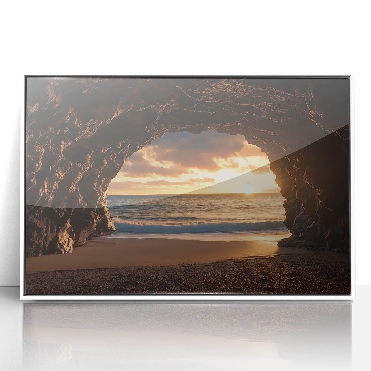 Framed acrylic artwork depicting a serene landscape with caves, presented in a sleek white frame. Ideal for modern home decor, adding a touch of nature's beauty.