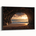 Framed canvas artwork showcasing a stunning cave landscape in rich earth tones, featuring black edges and a side view perspective, perfect for modern decor.