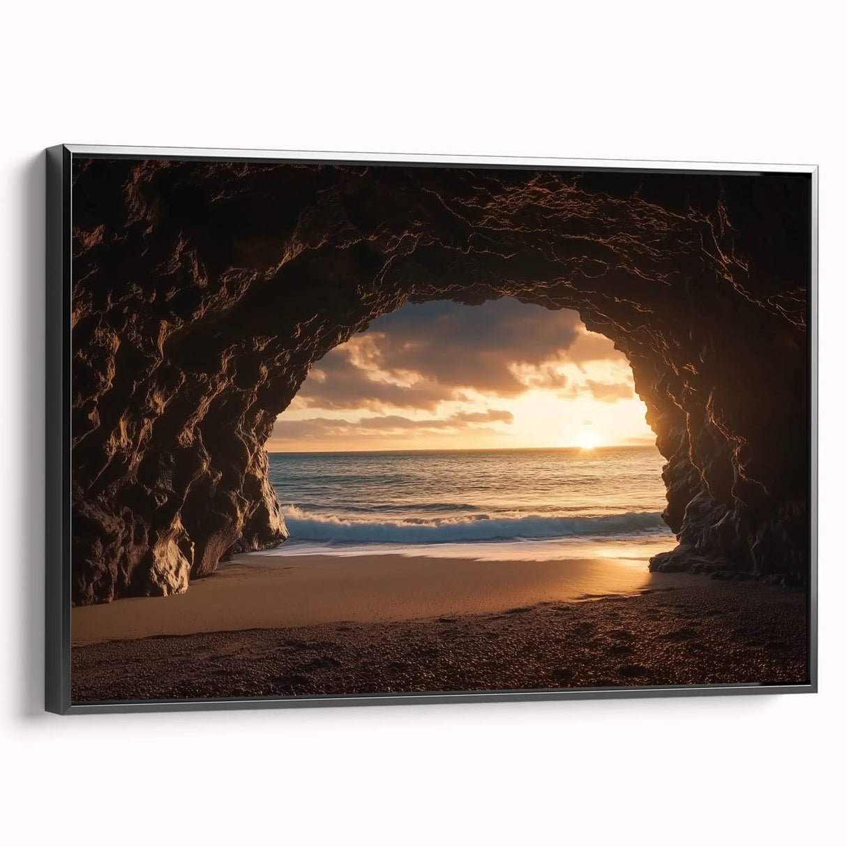 Framed canvas artwork showcasing a stunning cave landscape in rich earth tones, featuring black edges and a side view perspective, perfect for modern decor.