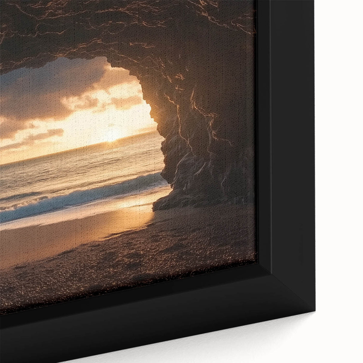 Close-up of a framed canvas artwork depicting a stunning landscape with intricate cave formations, showcasing vibrant colors and detailed textures, perfect for home decor.