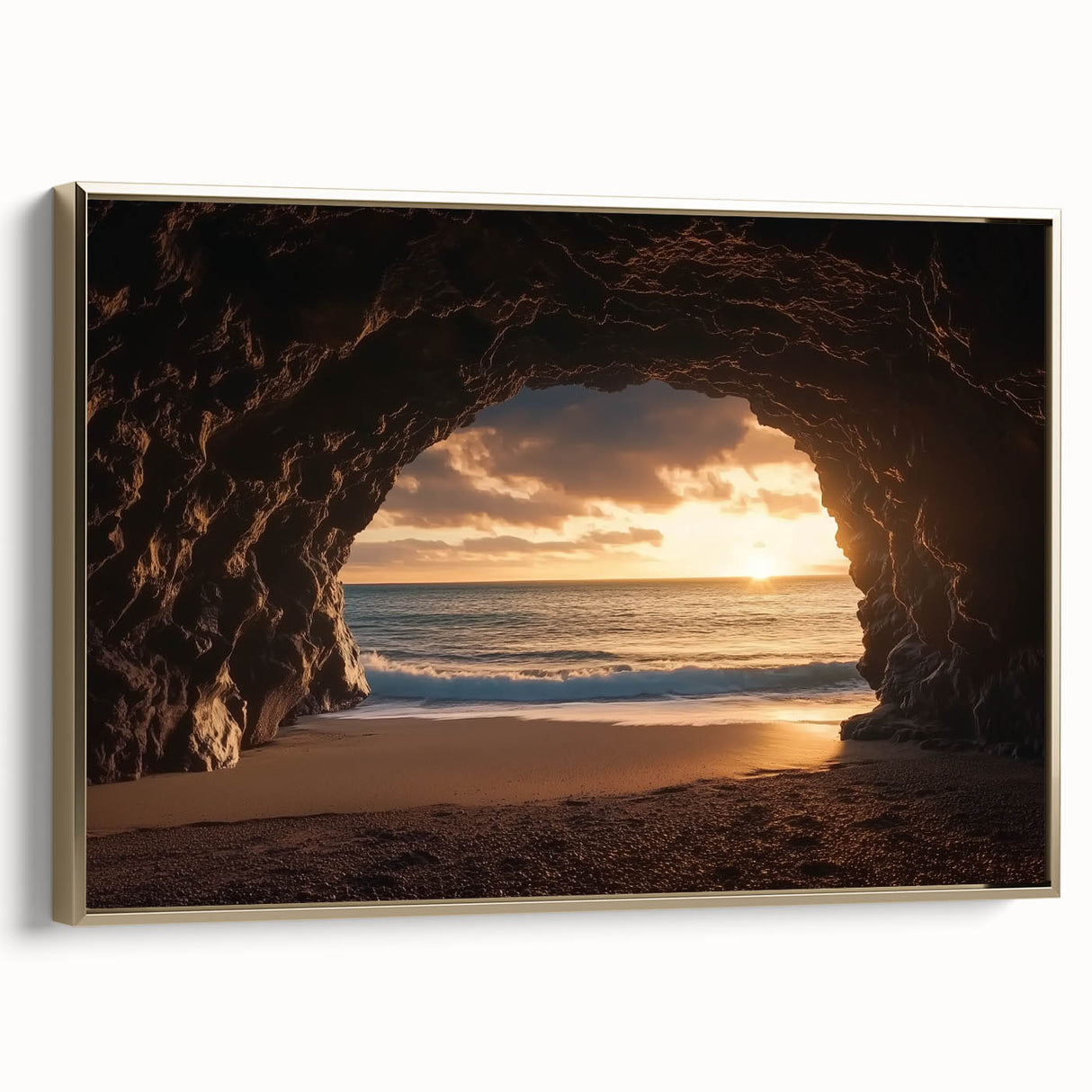 Framed canvas art featuring a stunning landscape view of caves, accented with a gold frame, perfect for modern home decor and enhancing interior aesthetics.