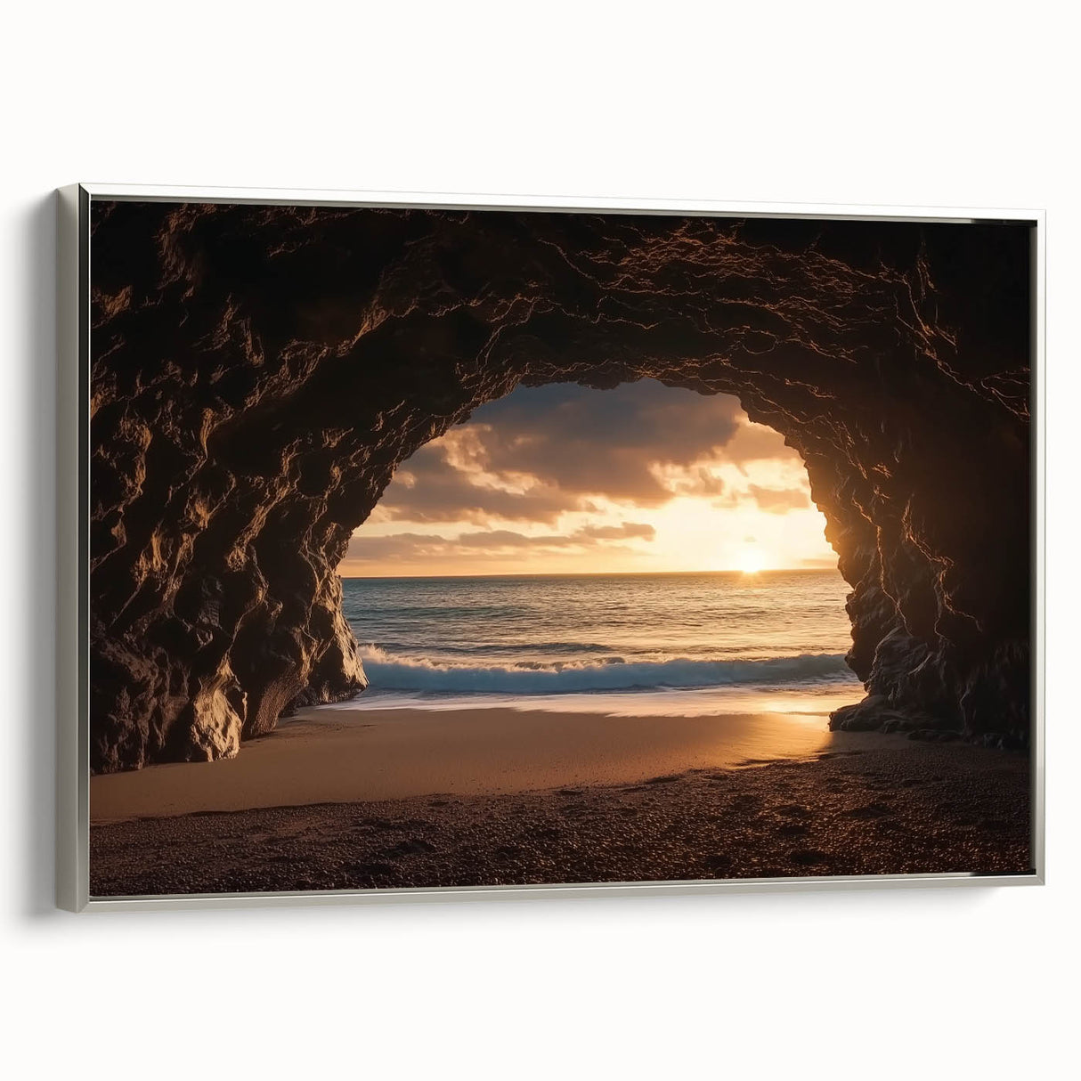 Framed canvas artwork showcasing a stunning cave landscape design with a silver border, ideal for modern home decor. Perfect for adding elegance to any room.