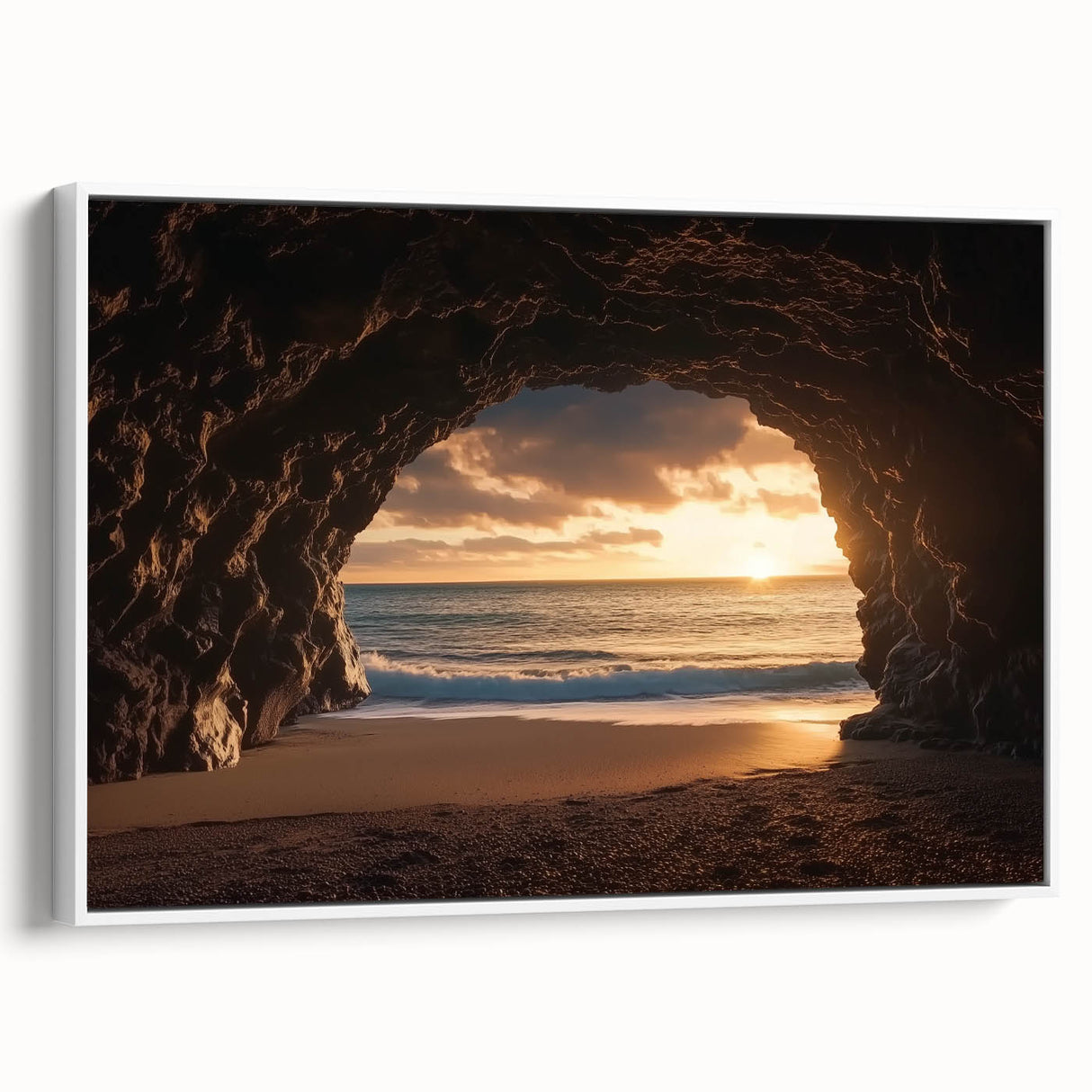 Framed canvas artwork depicting a serene cave landscape, showcasing earthy tones of brown and green, elegantly mounted with a white frame for a modern touch. Ideal for home decor enthusiasts seeking nature-inspired art.