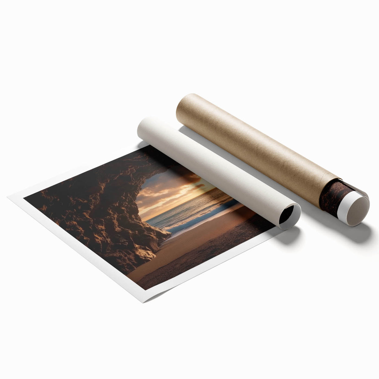 Rolled print showcasing a vibrant landscape with intricate cave formations in warm earth tones, elegantly packaged in a protective cardboard tube for display and shipping.