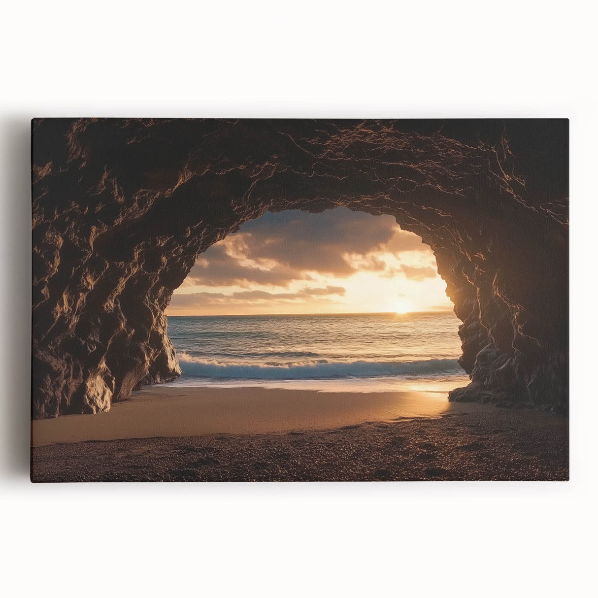 Stretched canvas artwork depicting a vibrant landscape with cave formations, rich colors, and intricate details, ideal for enhancing home decor and artistic ambiance.