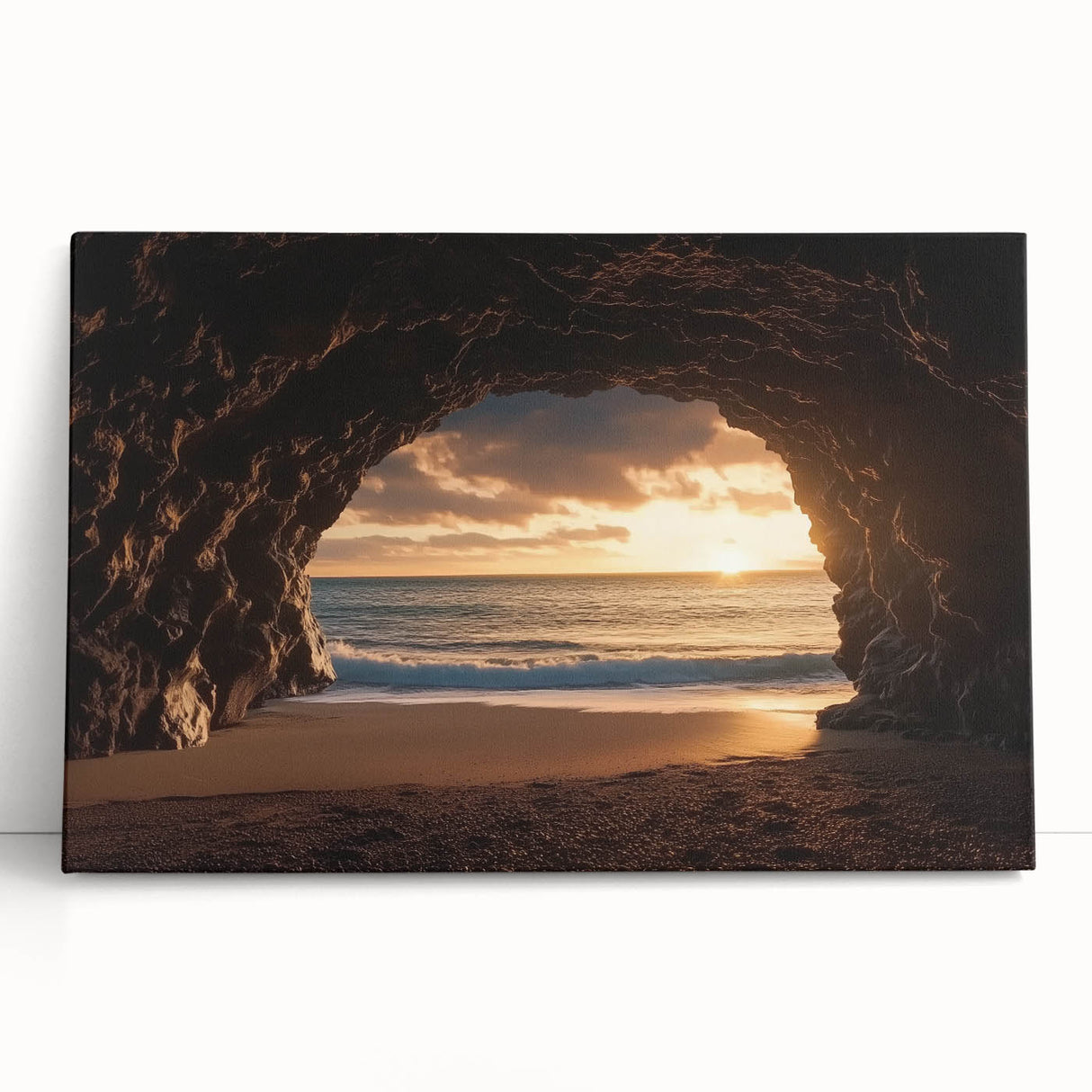 Stretched canvas artwork depicting a serene landscape scene with caves and lush greenery, designed to evoke tranquility and natural beauty in home decor.