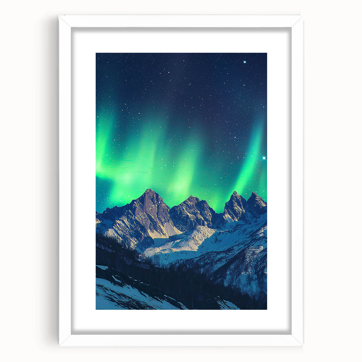 Framed landscape artwork showcasing dramatic cliffs against a serene sky, featuring a white mat and sleek black frame, ideal for modern home decor.