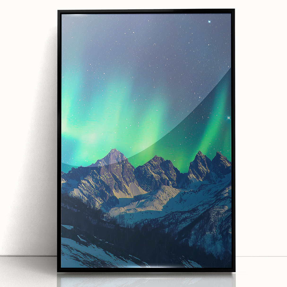 Framed acrylic artwork showcasing a breathtaking cliff landscape, featuring vibrant colors and intricate details, set in a sleek black frame for modern decor.