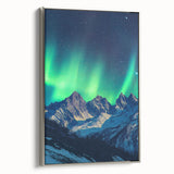 Framed canvas artwork depicting a stunning landscape with dramatic cliffs and a serene sky, featuring a sleek silver frame, ideal for modern home decor.