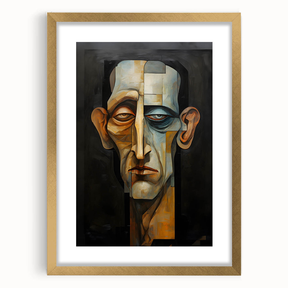 Abstract figurative frame with a gold mat, showcasing a unique artistic design, perfect for modern decor. Ideal for enhancing living spaces with elegance.