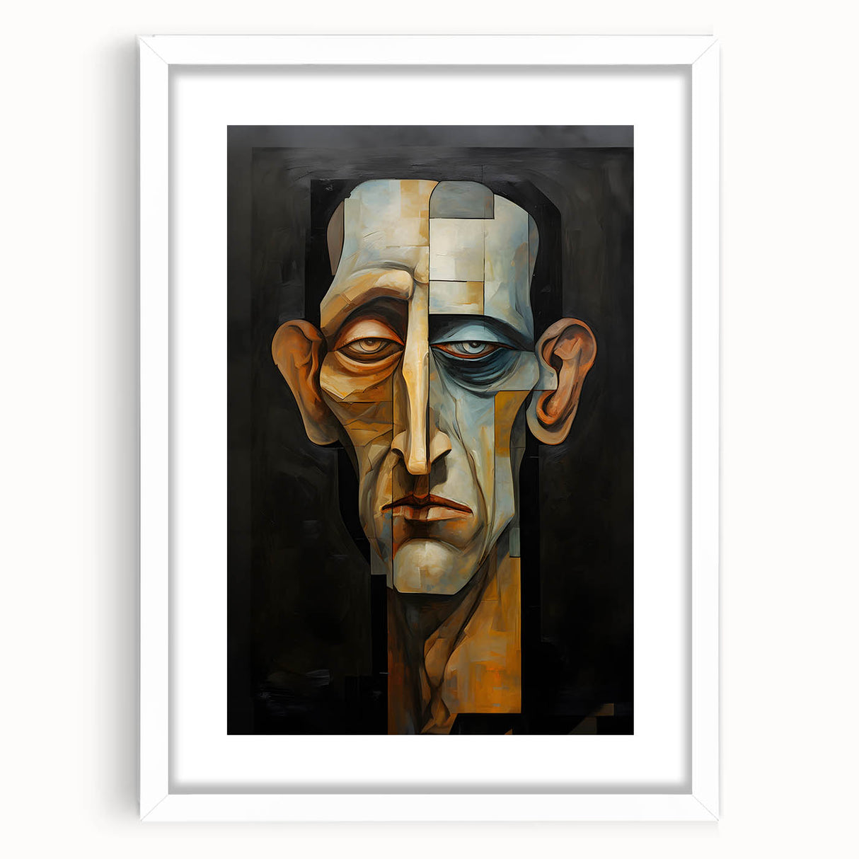 Abstract figurative art print framed in a sleek white mat, showcasing vibrant colors and dynamic shapes, perfect for modern home decor and artistic expression.