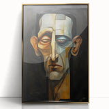 Framed abstract figurative artwork with a gold-acrylic finish, showcasing intricate details and vibrant colors, perfect for modern home decor.