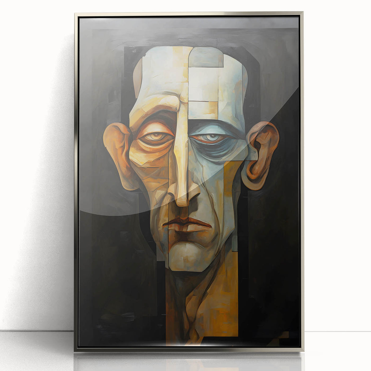 Framed abstract figurative art piece in a sleek silver frame, showcasing vibrant colors and intricate designs, perfect for modern home decor or gallery display.