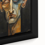 Close-up of an abstract figurative framed canvas artwork, showcasing vibrant colors and intricate details, ideal for modern home decor and artistic display.